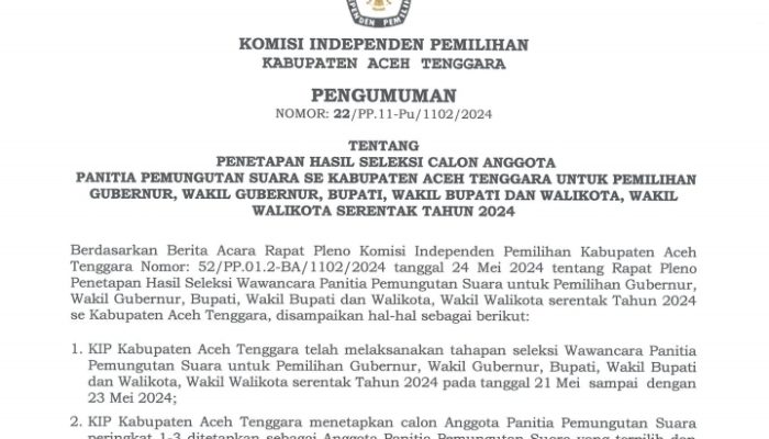 pengumuman yang dikeluarkan oleh KIP Aceh Tenggara berdasarkan nomor: 22/ PP.11-Pu/1102/ 2024. Tentang penetapan hasil seleksi calon anggota Panitia Pemungutan Suara (PPS) Se- Kabupaten Aceh Tenggara